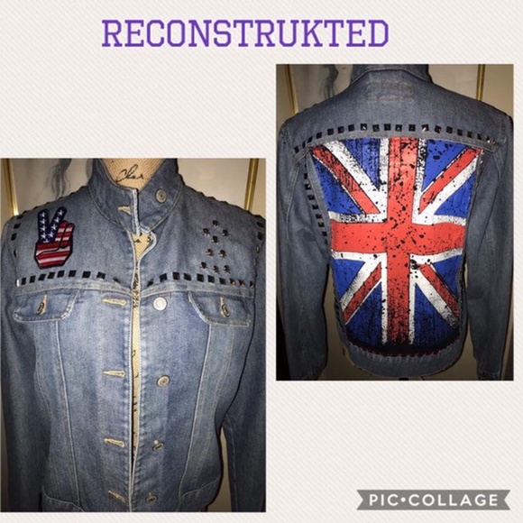Up-Cycled Union Jack Denim Jacket W/Peace Patch & Silver Studs~Moto Style~Med/La - Picture 5 of 6